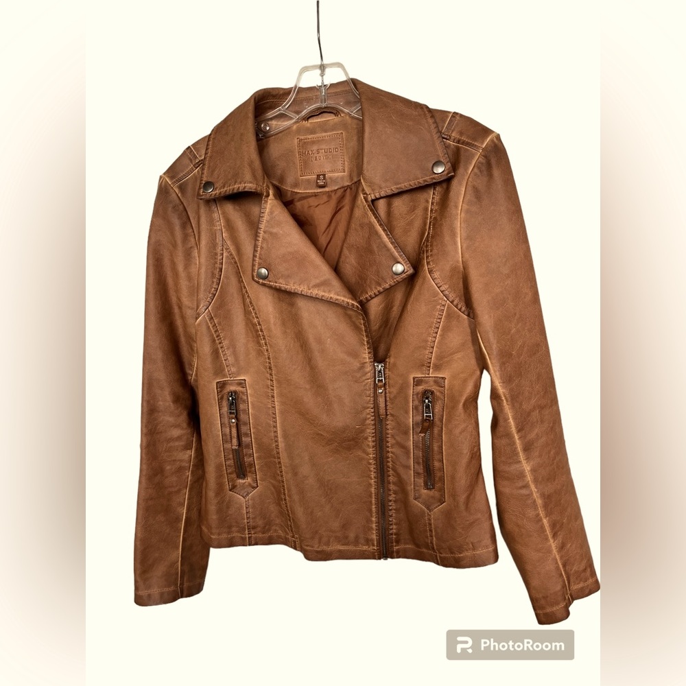 Max Studio Womens Brown Faux Leather Moto Jacket. size S
